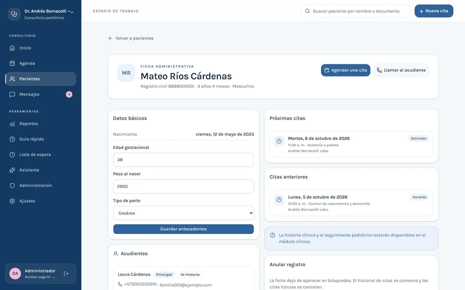 Ficha de un paciente con sus datos, su acudiente y sus citas